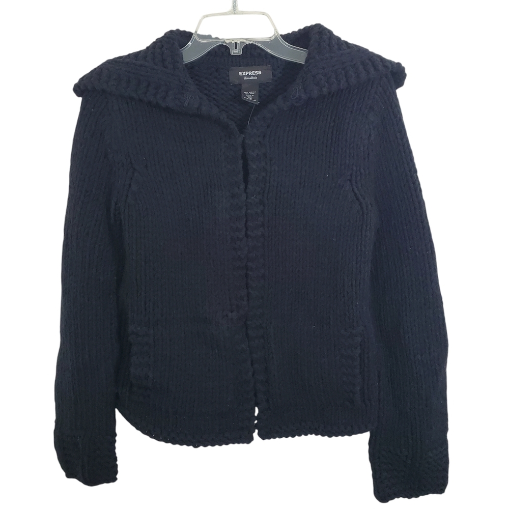 NWOT Express Cardigan Hand Knit Wool Blend Chunky Knit Sweater Black Size XS